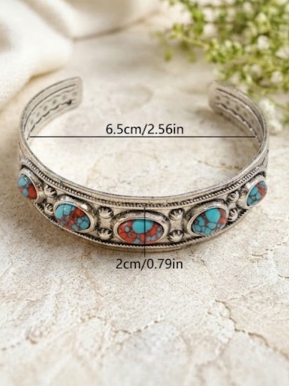 NWT Boho Southwestern Turquoise Coral Stainless Steel Cuff Bracelet - Picture 4 of 7